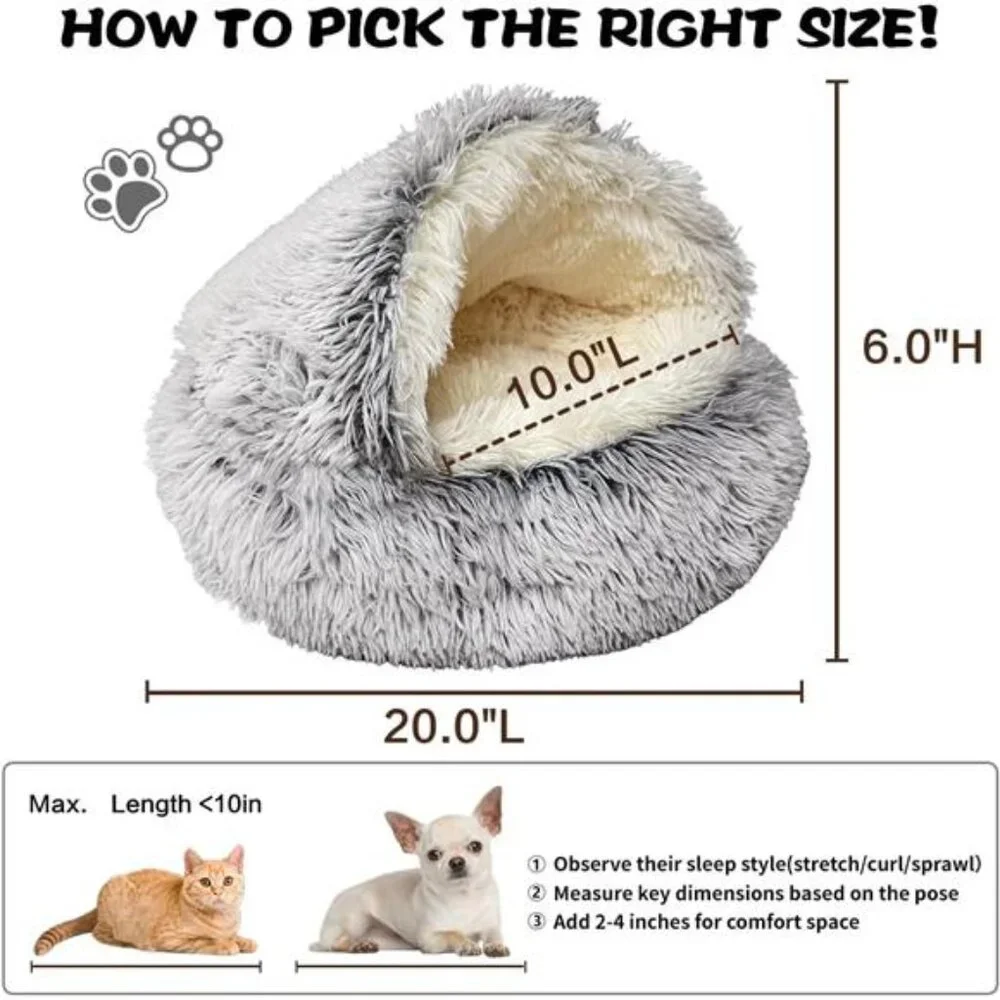 Cat Bed Small Dog Bed Round Plush Hooded Cave Anti Anxiety Cozy Indoor Pet Bed